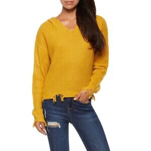 Derek Heart Mustard V neck Hooded Distressed Hem Knit Sweater NWT